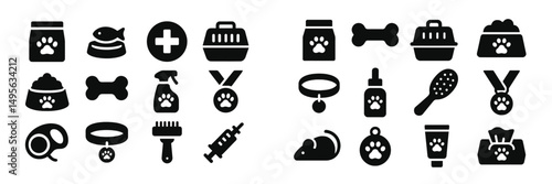 Collection of pet care icons depicting food, grooming tools, and health supplies in black silhouette style for veterinary use