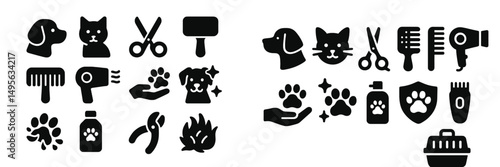 Pet grooming icons showcasing tools and animals for various grooming activities and services