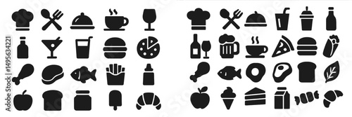 Collection of various food and drink icons showcasing diverse culinary elements in a visually appealing arrangement