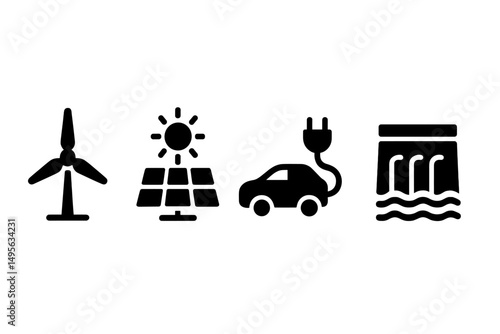 Renewable energy symbols representing wind, solar, electric vehicles, and hydroelectric power in a clean energy concept