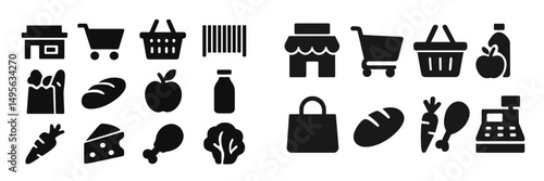 Iconic black and white illustrations of grocery items in a market setting with carts and bags