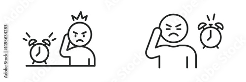 Frustrated characters reacting to alarm clocks in minimalist design expressing annoyance and urgency
