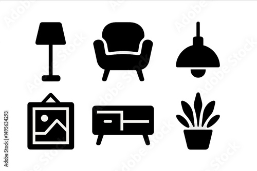 Stylish home decor essentials featuring lamp, chair, pendant light, artwork, sideboard, and plant in modern living space