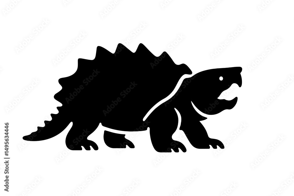Black silhouette of a prehistoric turtle-like creature with distinct spiked shell and fierce appearance on white background Black silhouette of a prehistoric turtle-like creature with distinct spiked shell and fierce appearance on white background