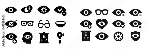 Icons representing vision concepts, eye care, and health displayed on a plain background