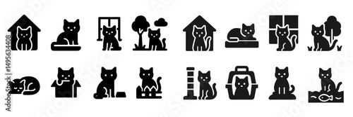 Creative collection of cat icons showcasing various activities and environments for feline companions