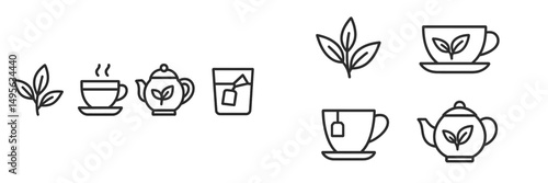 Various tea and plant line art illustrations depicting cups, teapots, and leaves in a minimalist style for relaxing designs