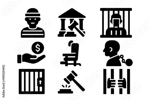 Legal symbols and icons representing justice system elements such as crime, punishment, and law enforcement in a graphic format
