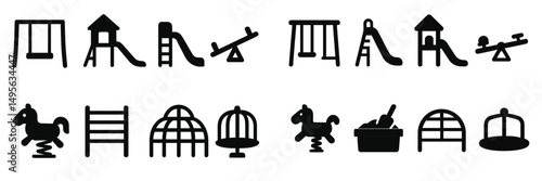 Playground equipment silhouettes for children's outdoor play areas featuring swings, slides, and ride-on toys