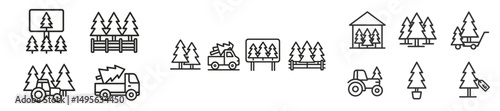 Forest related activities with trees, trucks, and machinery in a rural setting during daytime