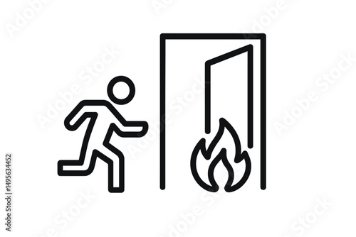 Person running towards an exit with fire in the background indicating an emergency situation