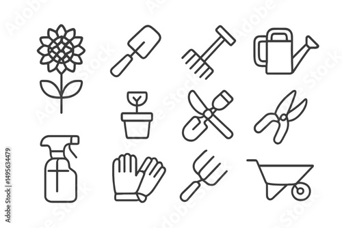 Gardening tools and elements for home planting and landscaping activities in a simplified design format