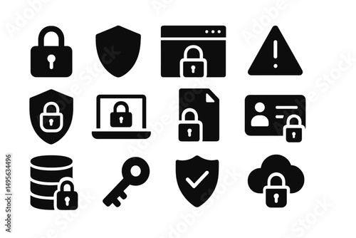 Symbols representing cybersecurity and data protection with various icons and elements on a white background