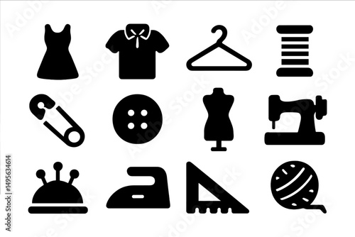 Collection of sewing and clothing design symbols including dress, shirt, and sewing tools displayed on a white background