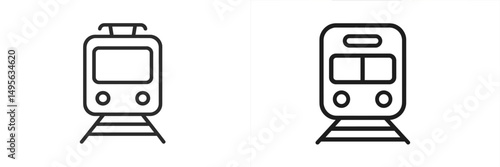 Two minimalist train icons representing modern public transport systems in urban settings