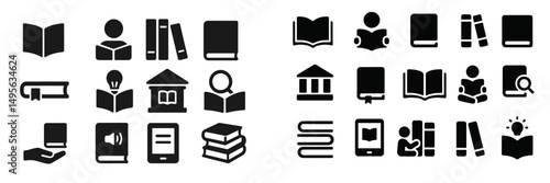 Variety of black and white icons representing books, reading, and libraries in a casual learning environment