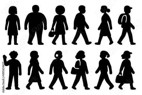 Silhouette figures walking in diverse poses against a white background during daytime activities