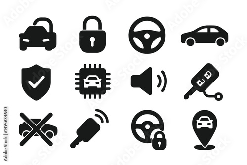 Collection of vehicle security and monitoring icons featuring locks, keys, and steering wheels on a white background