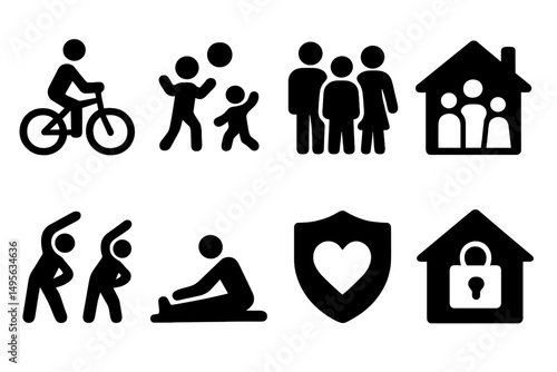 Various symbols depicting family activities, fitness, outdoor fun, and home safety in a community setting