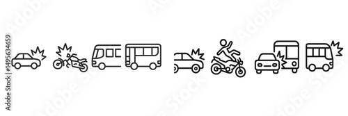 Traffic accidents involving cars, motorcycles, and buses depicted in various collision scenarios in a city setting