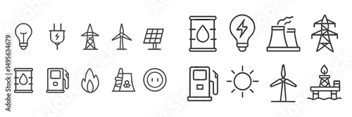 Energy sources illustrated through simple icons representing various utilities, including solar, wind, and fossil fuels