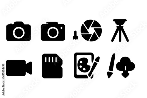 Black silhouettes of photography and art equipment arranged in a clean layout showcasing essential tools for creators and filmmakers