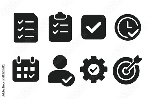 Checklist icons represent tasks completed and time management in a professional setting