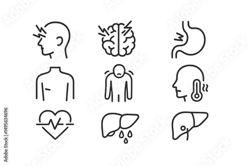Icons representing various health signs and symptoms related to human anatomy and common ailments in a minimalist design