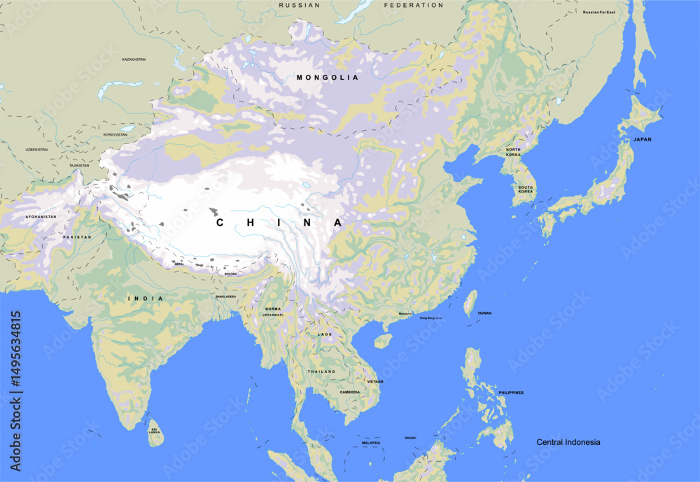 Fototapeta premium Vector geographical world map. Fragment of asian region with china, india, mongolia, north korea, south korea, japan, taiwan, philippines, central indonesia, vietnam, thailand, laos, bangladesh.