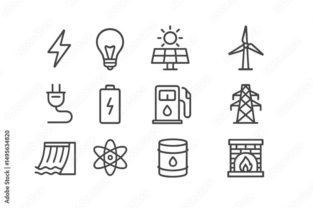 Energy sources and technology icons featuring renewable and non-renewable elements in simple line art style Energy sources and technology icons featuring renewable and non-renewable elements in simple line art style