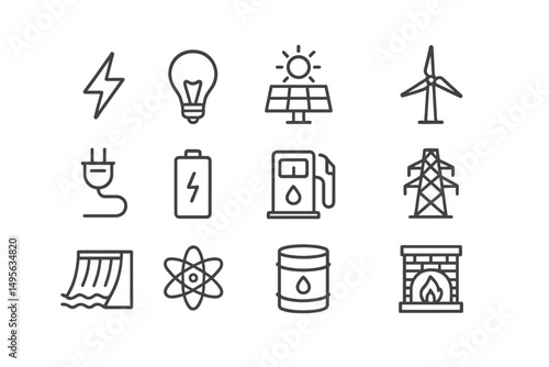Energy sources and technology icons featuring renewable and non-renewable elements in simple line art style
