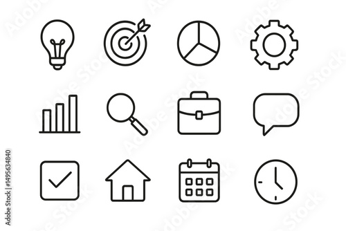 Icon set representing innovation, business planning, and scheduling concepts in a minimalist design