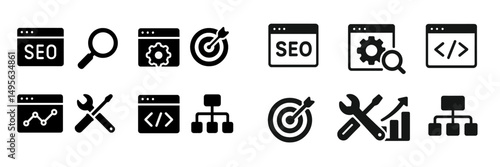 Icons representing search engine optimization strategies and tools for digital marketing and website improvement