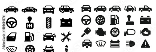 Collection of vehicle icons depicting various car parts, functions, and services in a simple black and white design