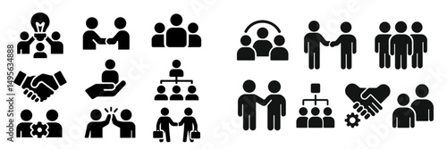 Collection of simple black icons illustrating teamwork, collaboration, and communication among diverse groups of people in a business setting