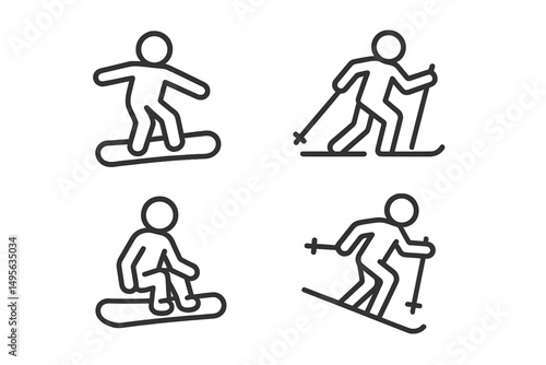 Winter sports activities featuring snowboarding, skiing, and freestyle movements on a snowy mountain