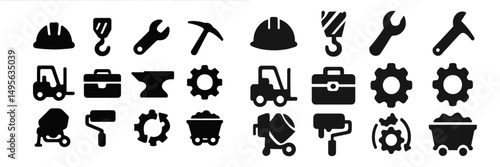 Construction and tools icons set showcasing various equipment essential for building activities