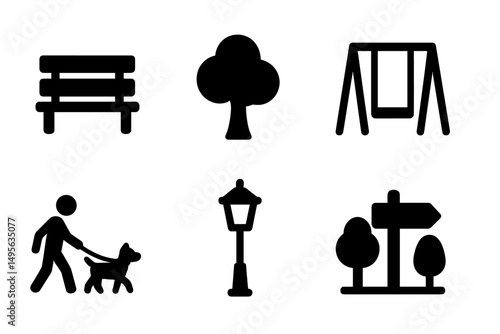Park elements including bench, tree, swing, person walking dog, lamp post, and directional sign in a community area