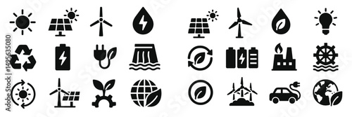 Icons representing renewable energy sources and environmentally friendly practices in a modern design suitable for educational and marketing materials