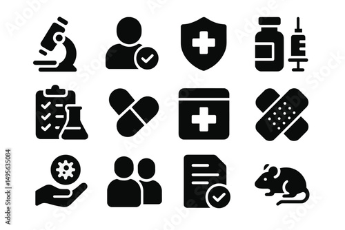 Health and safety icons representing medical research and practices in a clinical setting