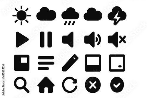 Collection of minimalist black icons depicting weather, media controls, and user interface elements on a white background