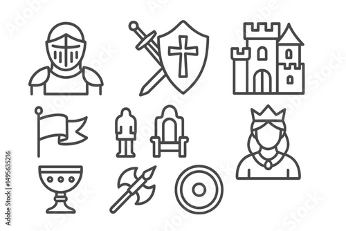 Illustration of medieval symbols including knight, shield, castle, and royal figures