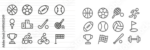 Sports symbols and icons displayed on lined paper showcasing various activities and competitions
