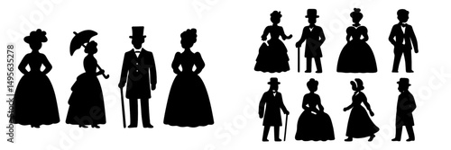 Elegant silhouettes of Victorian-era figures with varying outfits and accessories in a classic setting during the late 19th century