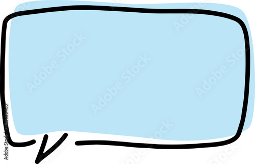 empty speech bubble shape with thick black outlines, drawn by hand in careless curves with a rectangular blue fill crookedly positioned