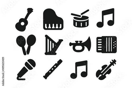 Musical instruments and notes in various shapes displayed on a white background