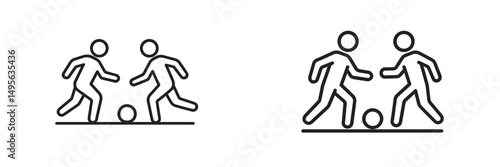 Two stick figures engaged in a playful soccer game on a flat surface outdoors during a bright day