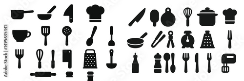 Kitchen utensils and equipment collection showcasing various cooking tools and appliances in a minimalist style