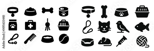 Various icons representing pet supplies and accessories for animals in a simple and clear design