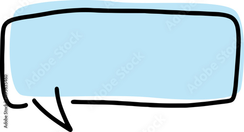 speech bubble symbol with thick black outlines, drawn by hand in careless curves with a rectangular blue fill crookedly positioned